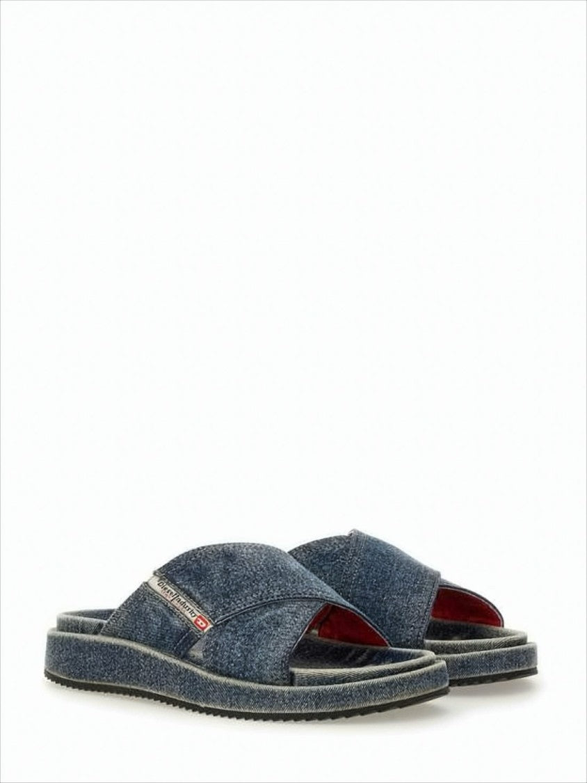 Diesel Denim-Textile Slip-On Mules With Vintage Wash Effect