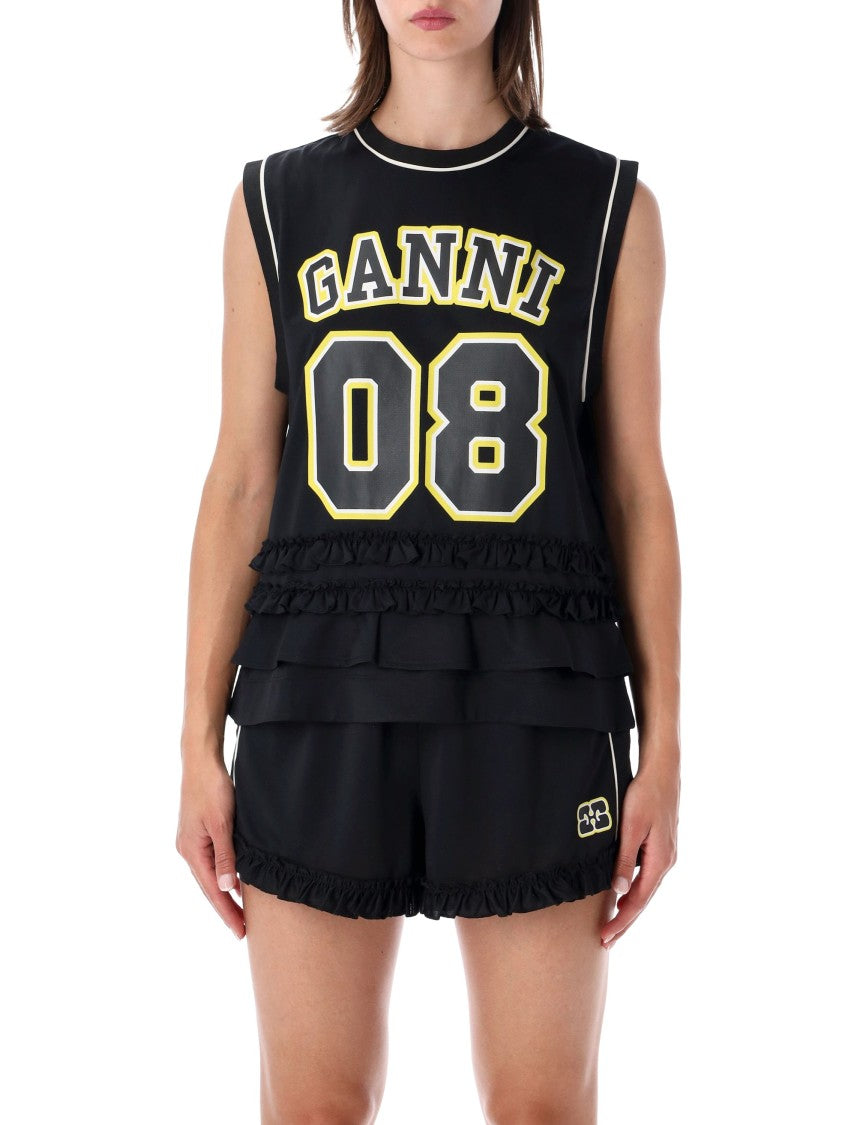 Ganni Layered Ruffle Tank Top With Bold Graphic Print