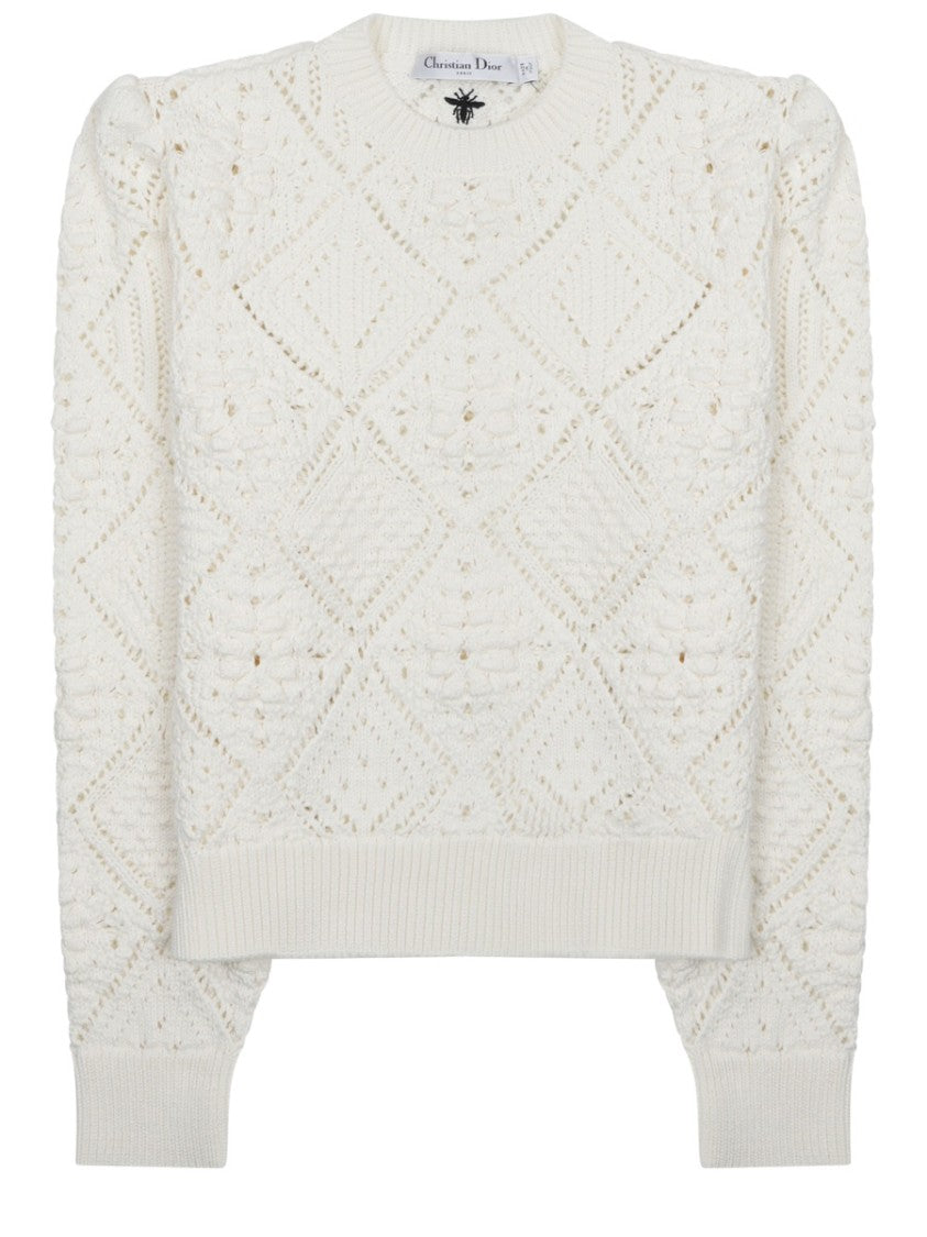 Dior Intricate Openwork Cotton Sweater With Puff Sleeves