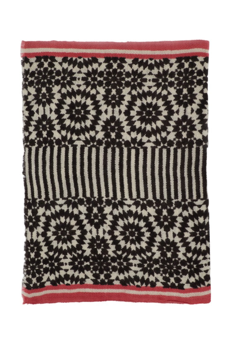 Me & K Geometric Black Jacquard Cashmere Scarf With Contrasting Pink Border
