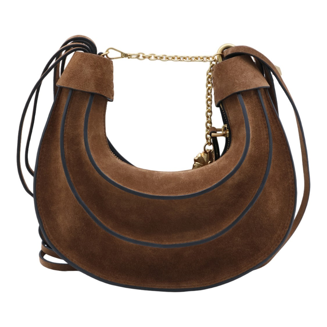Farm Rio Crescent-Shaped Brown Suede Bag With Gold-Tone Accents