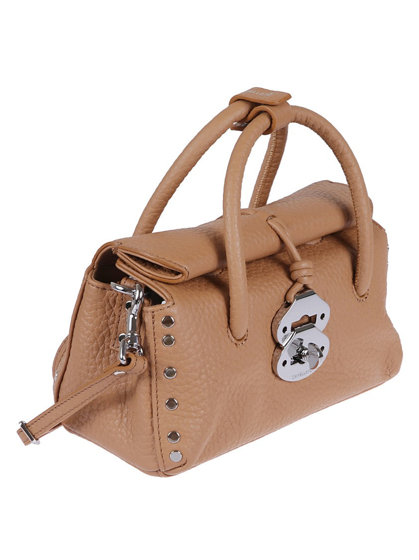 Zanellato Rectangular Hammered Leather Handbag With Twist Lock Closure