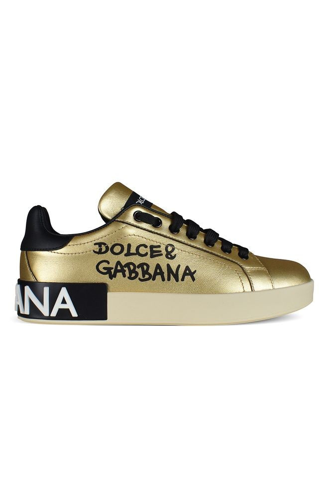 Dolce & Gabbana Gold Leather Sneakers With Contrasting Black Details