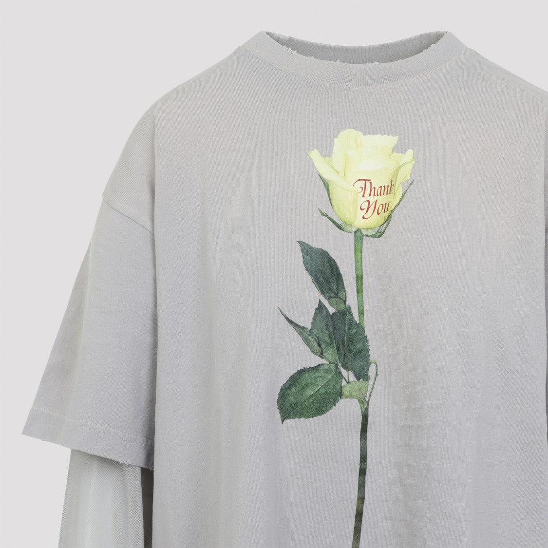 Acne Studios Layered Sleeve Grey Top With Yellow Rose Graphic
