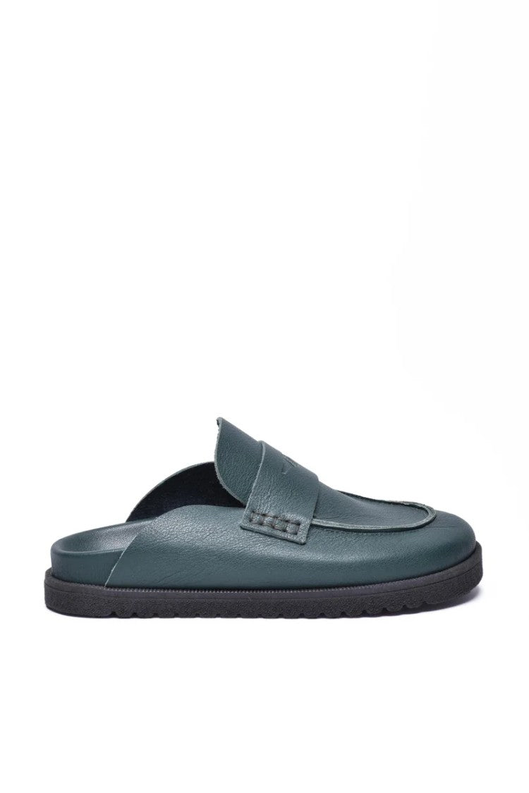 Officine X Post Green Leather Penny Loafer Mules