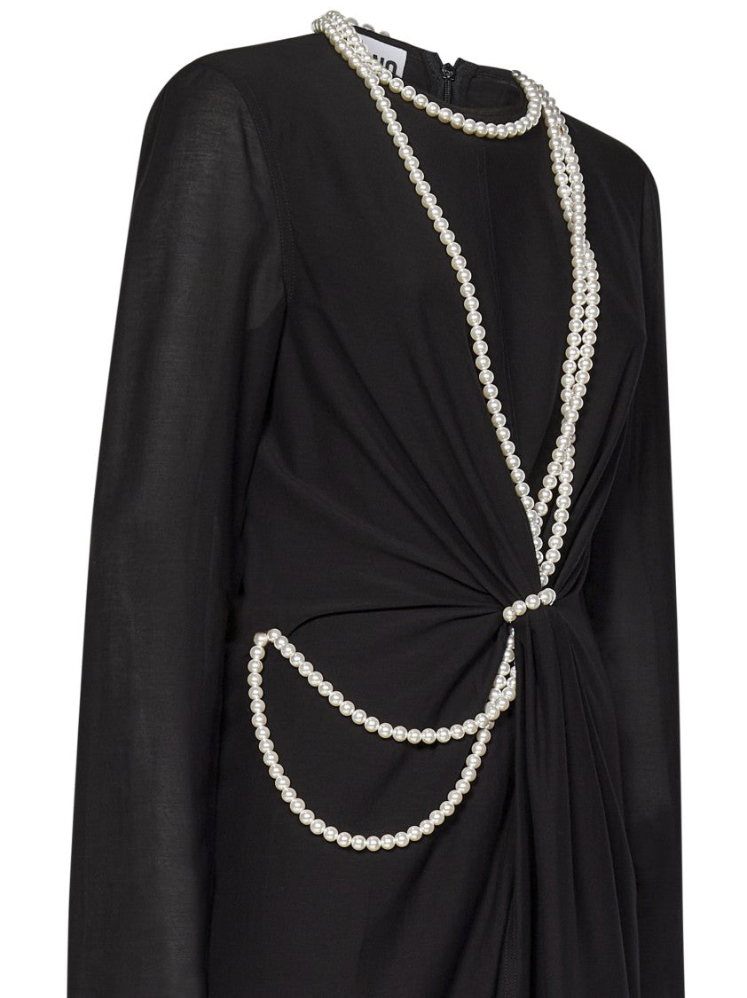 Moschino Black Midi Dress With Pearl Accents And Tailored Fit