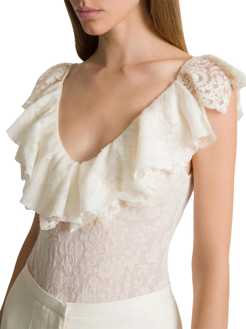 Alberta Ferretti Fitted V-Neck Bodysuit With Ruffled Lace Trim