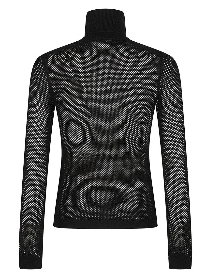 P.A.R.O.S.H. Black Lanet Turtle Neck Open Knit Wool Turtleneck