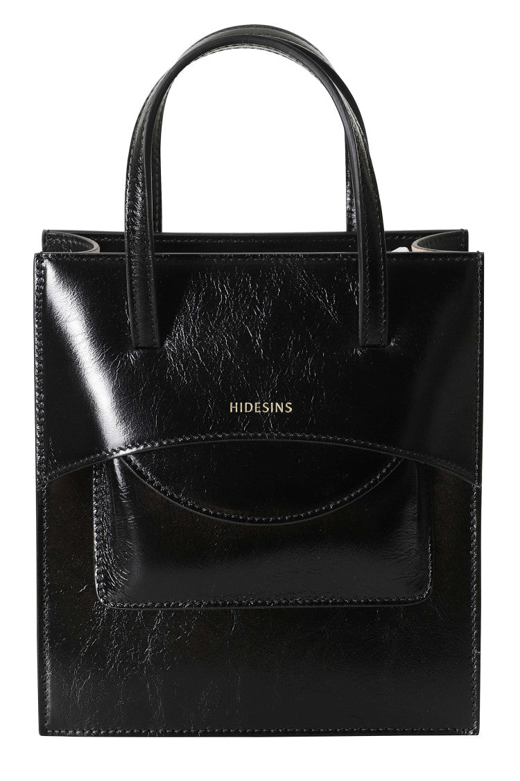 Hidesins Black Rectangular Pocket Gold Logo Leather Shoulder Bag