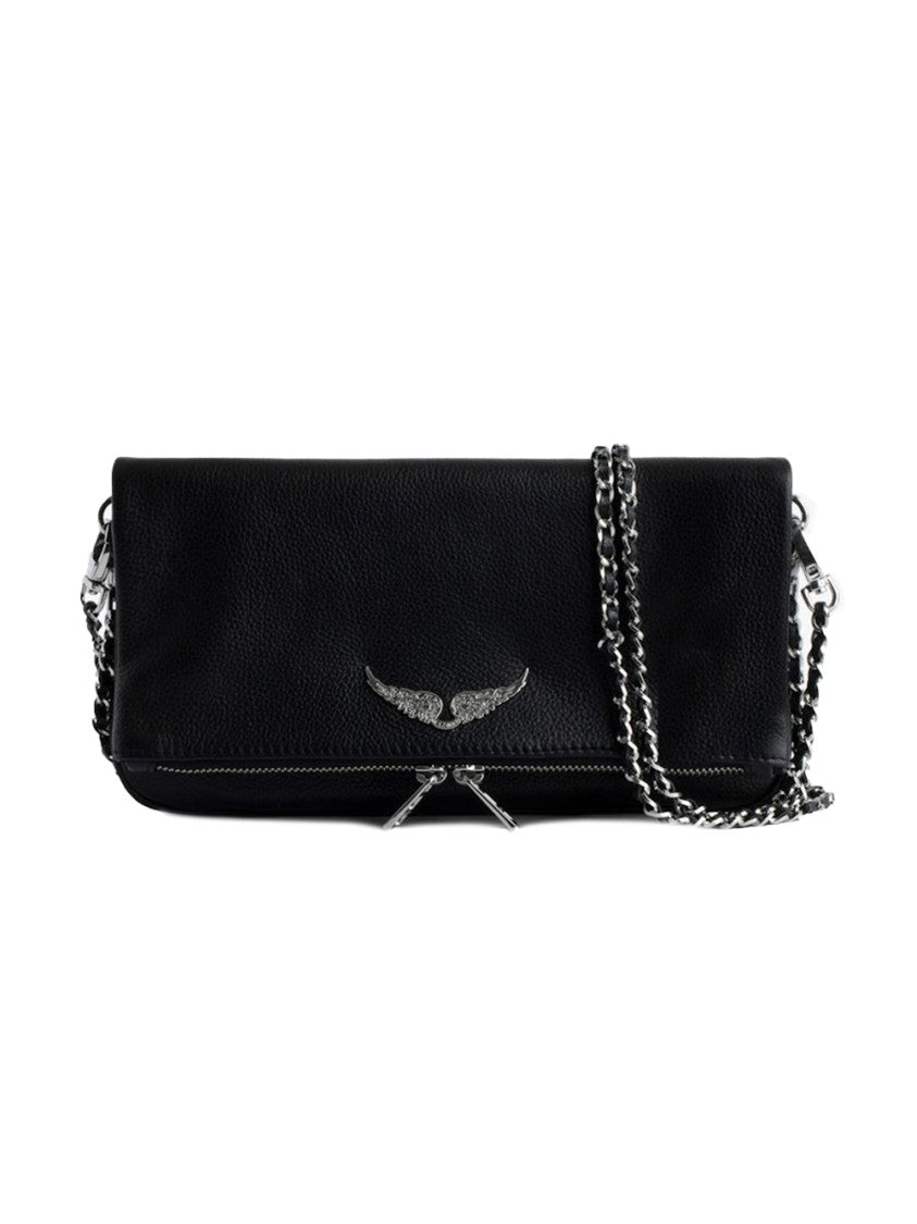 Zadig & Voltaire Textured Black Leather Clutch Bag With Winged Emblem