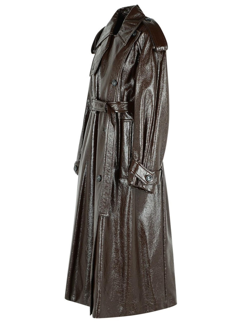 Sportmax Long 'Bairo' Patent Effect Trench Coat In Coffee Cotton