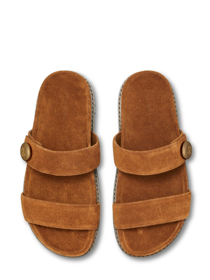 Tory Burch Flat Suede Slide Shoes With Button Detail
