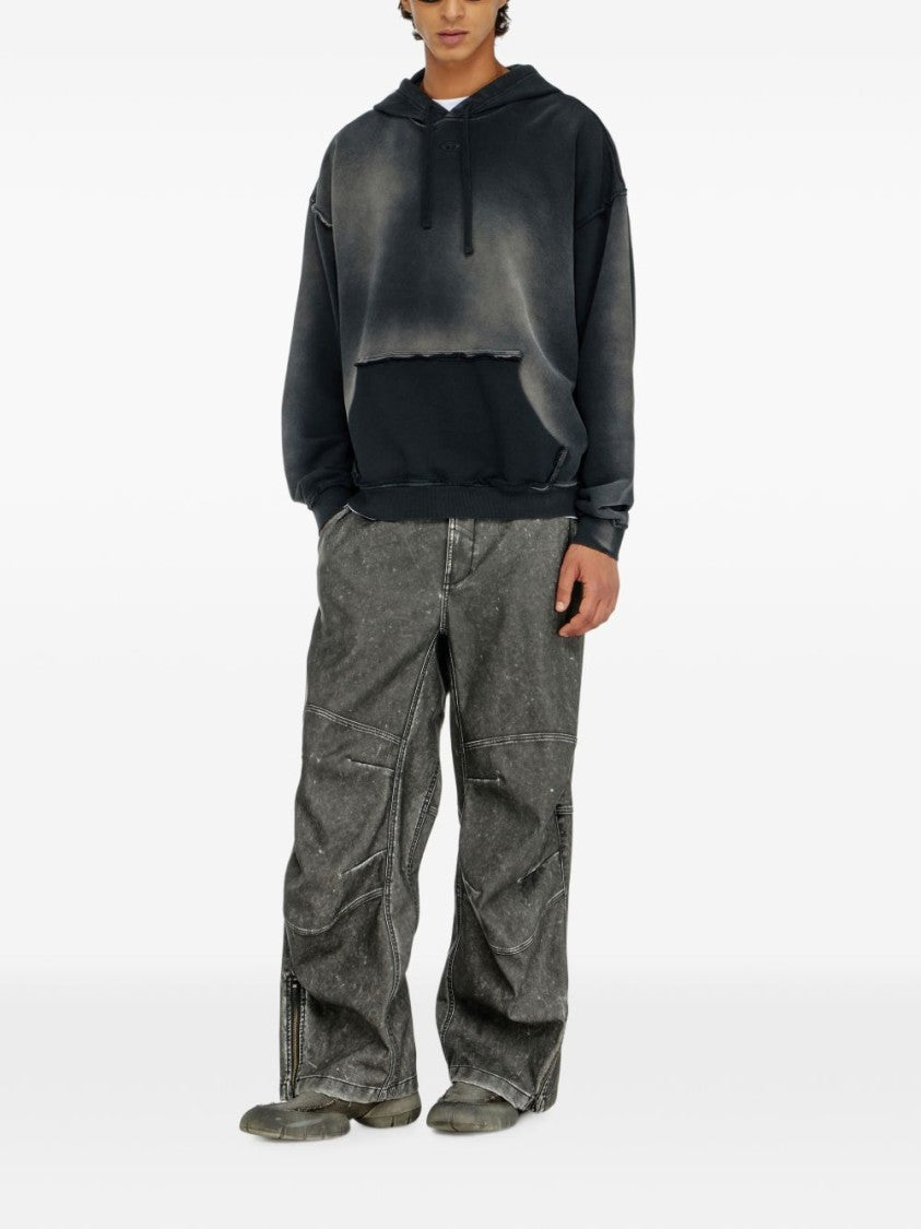 Diesel Frayed Black Cotton Embroidered Hoodie