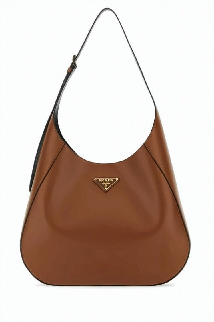 Prada Brown Shoulder Bag With Curved Silhouette And Logo Plaque