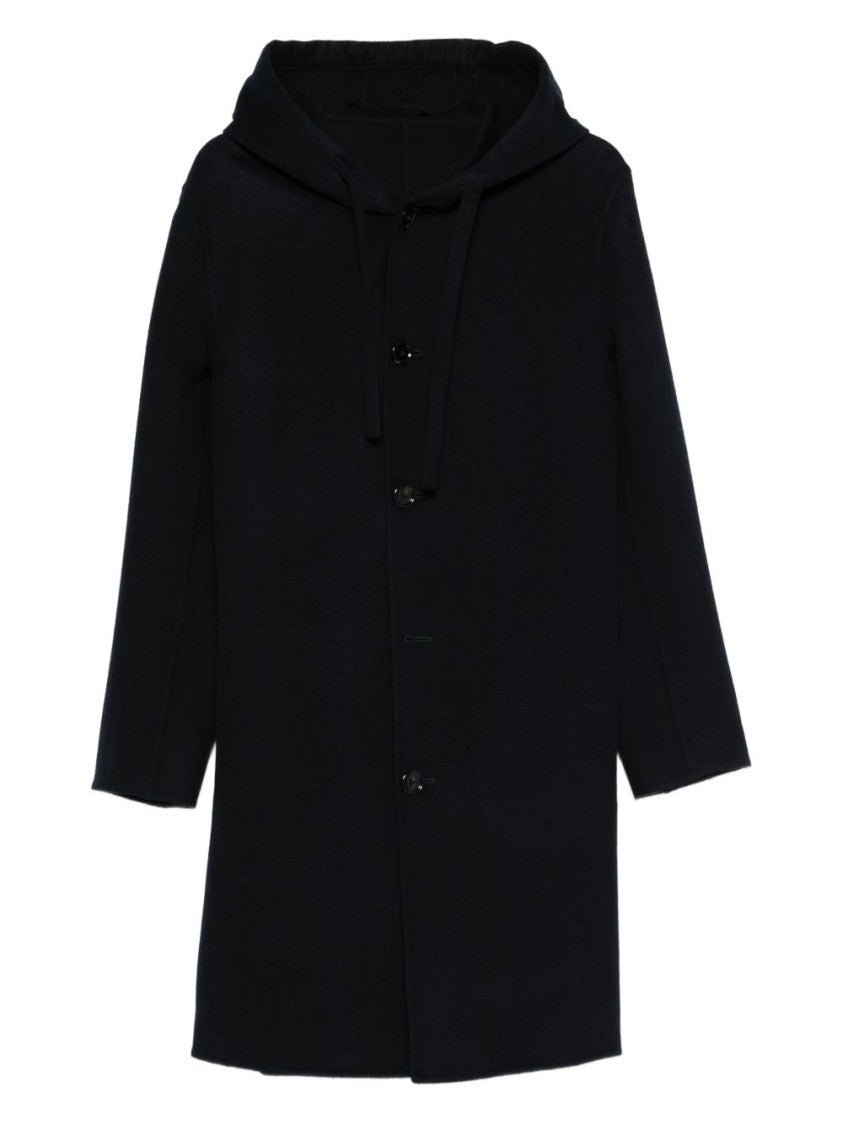 Lardini Classic Black Virgin Wool Coat With Hood And Front Button Fastening
