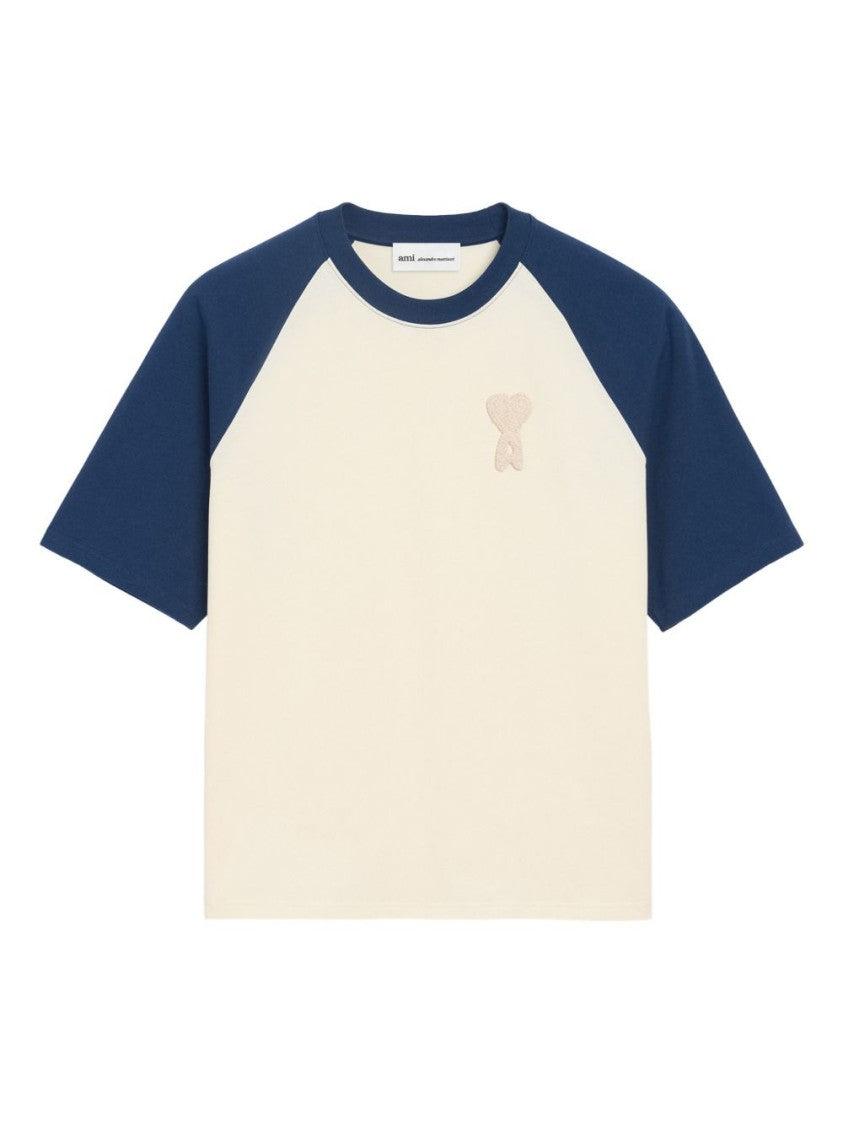 Ami Paris Beige Two-Tone T-Shirt With Navy Raglan Sleeves