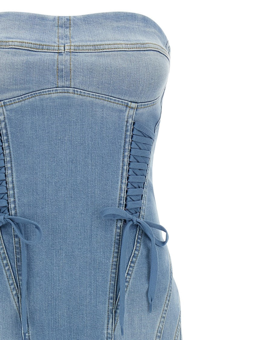 Elisabetta Franchi Stonewashed Cotton Denim Midi Dress With Off-The-Shoulder Neckline