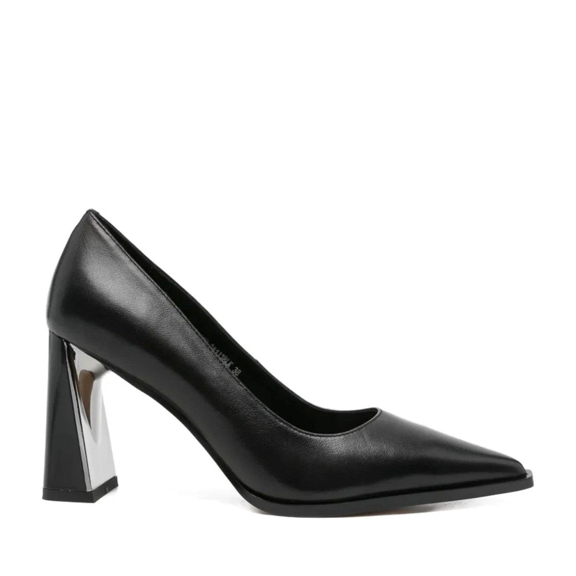 Adrianna Feretti Black Pointed Toe Metallic Block Heel Leather Pumps