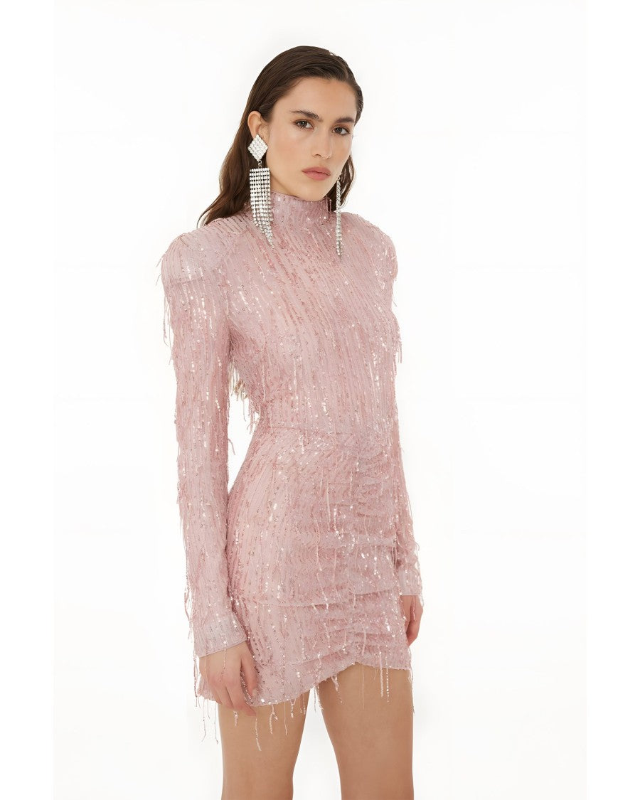 Rotate Mini Dress With Sequins And Fringe – Pink