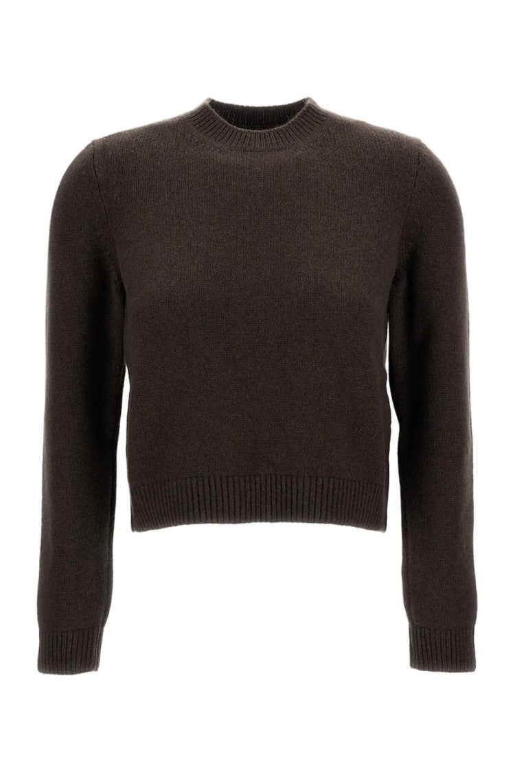 Khaite Crewneck Brown Knit Sweater With Ribbed Trim