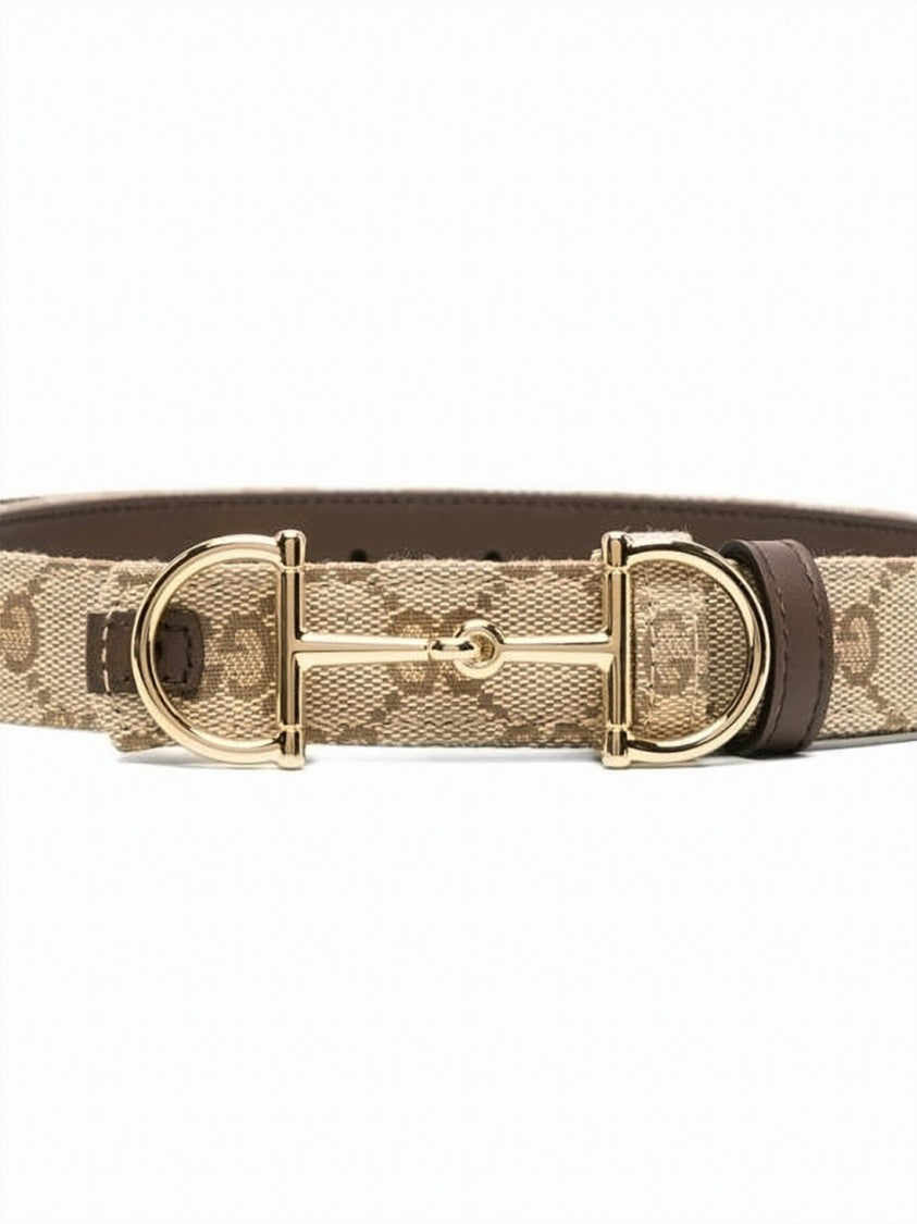 Gucci Beige Canvas Belt With Gold-Tone Horsebit Buckle And Leather Accents