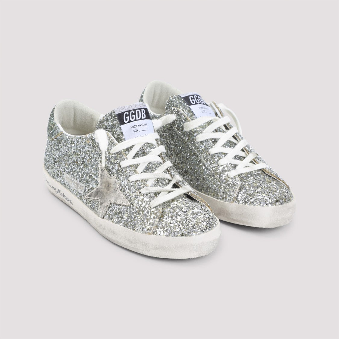 Golden Goose Glitter Silver Low-Top Sneakers With Star Detail And Distressed Sole