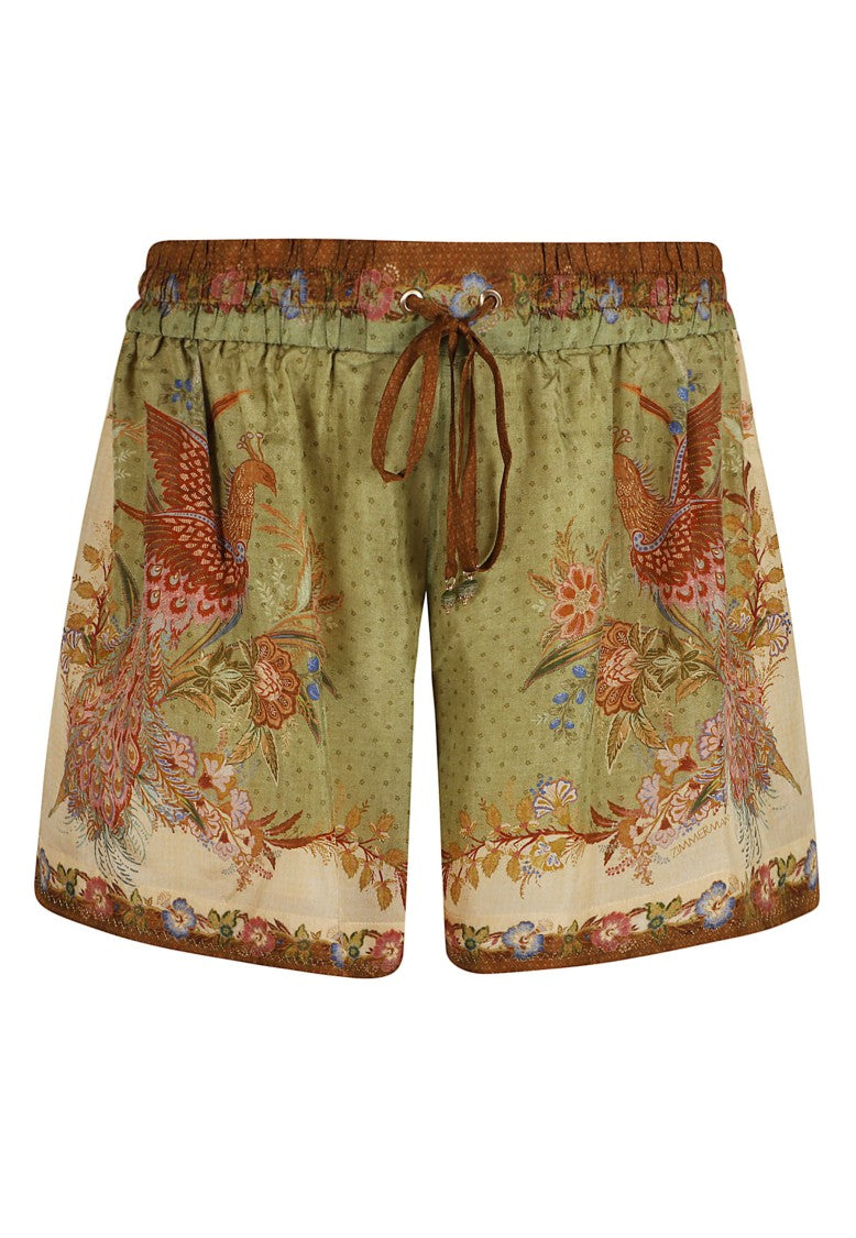 Zimmermann Khaki/Green Indra Relaxed Floral Bird Print Silk Shorts