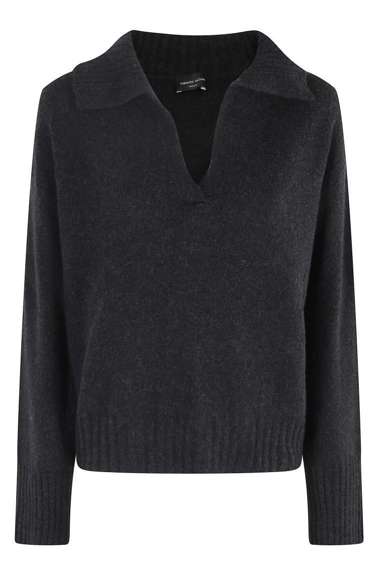 Roberto Collina Polo Collar Black Sweater With Boxy Fit And Ribbed Details