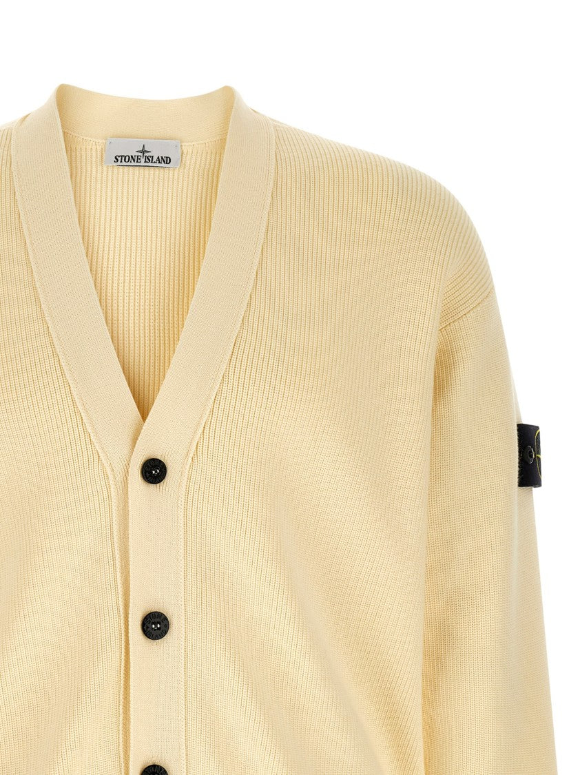 Stone Island Ribbed Organic Cotton Cardigan With V-Neck And Logo Badge
