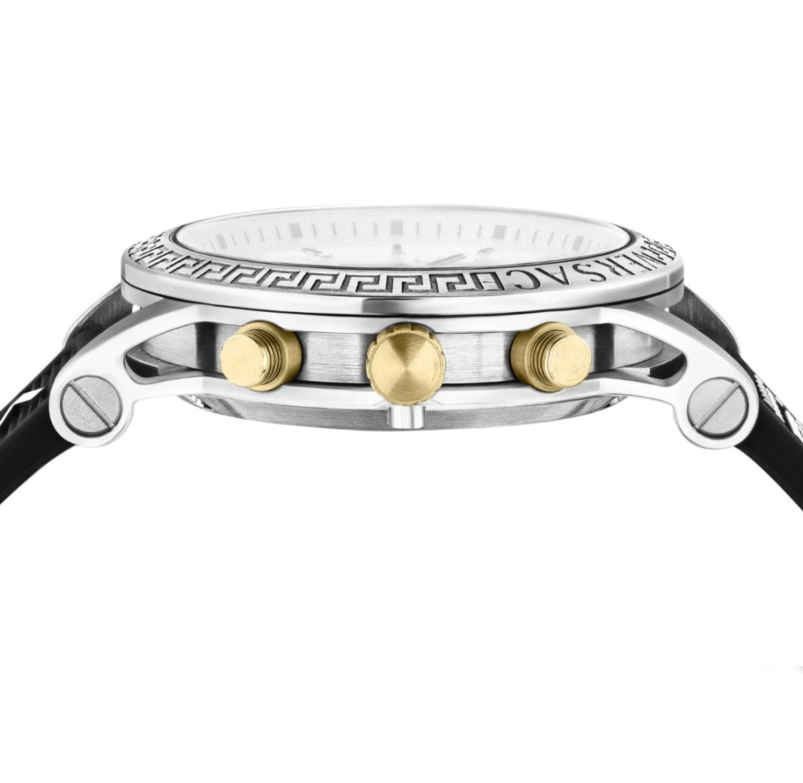 Versace Chronograph Timepiece With Engraved Greek Key Detail And Black Silicone Strap