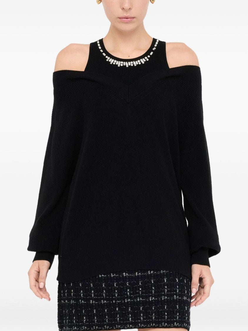 Liu Jo Off-Shoulder Black Knit Sweater With Elegant Embellishments