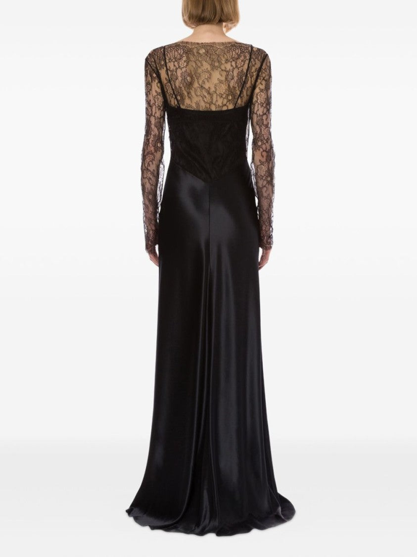Alberta Ferretti Black Satin And Floral Lace Maxi Dress
