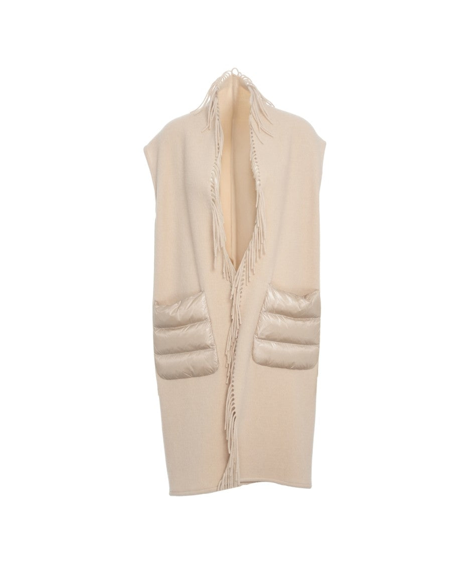 Herno Sleeveless Beige Gilet With Fringe Detailing And Nylon Inserts