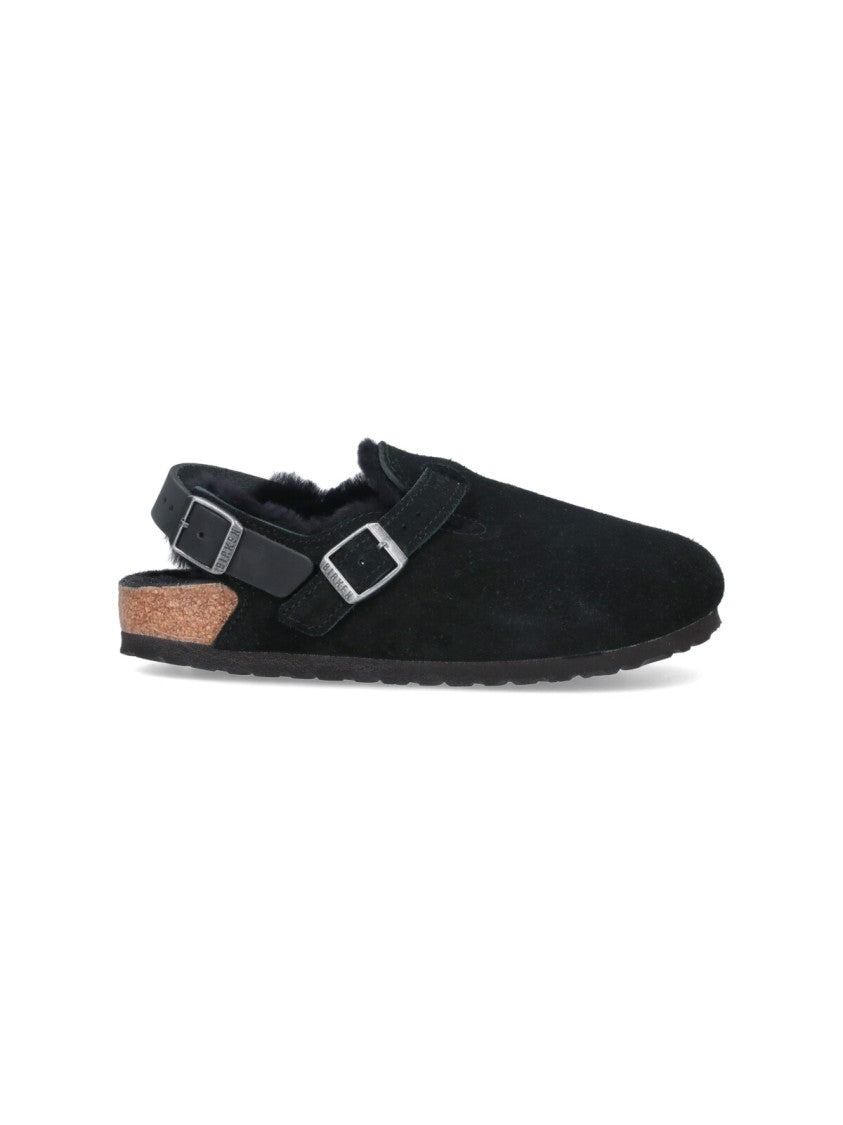 Birkenstock Tokio Fur Mules In Black Suede