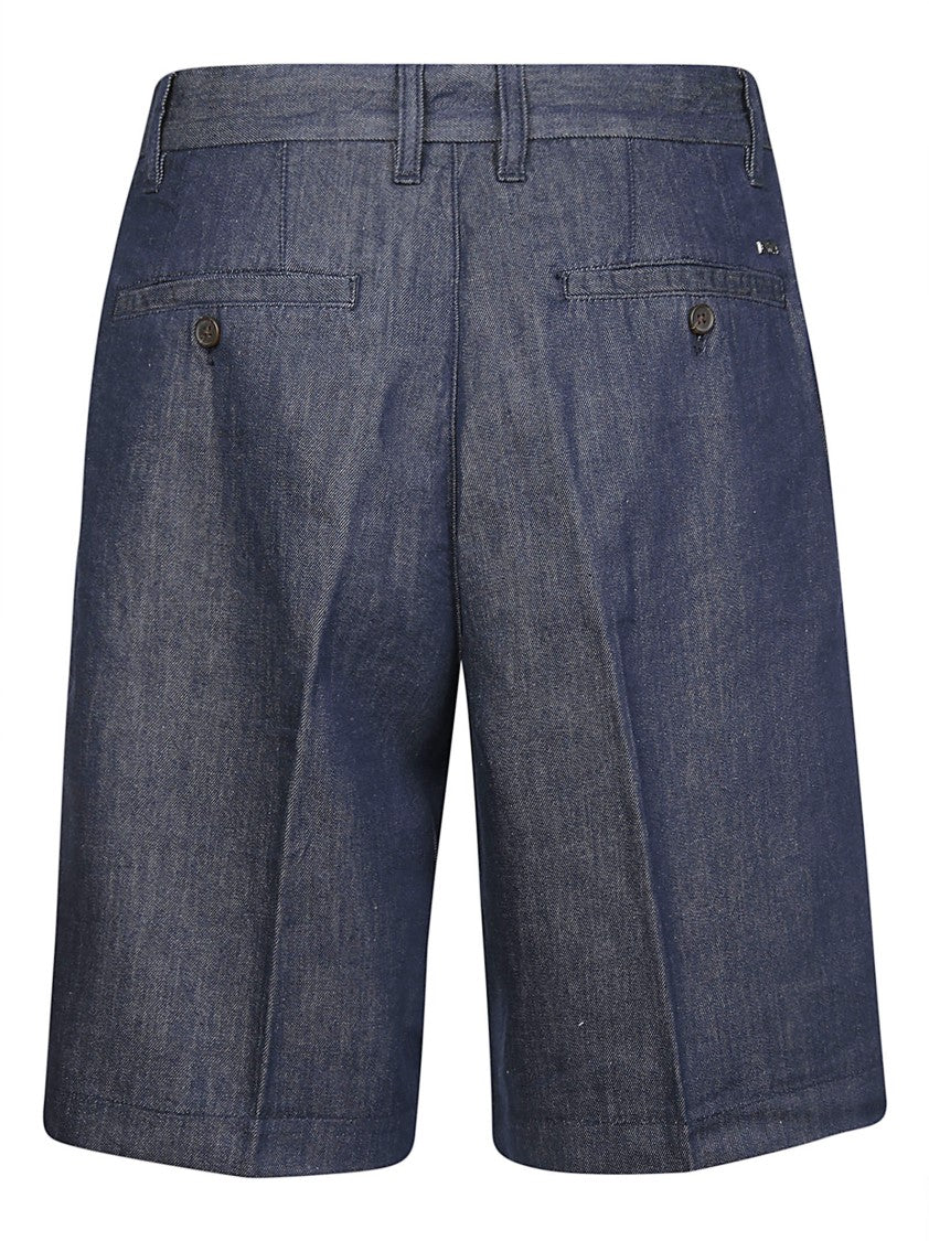 Emporio Armani Blue Pleated Cotton-Lyocell Denim Shorts