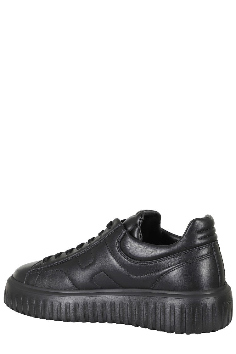 Hogan Black H Stripes Smooth Leather Rubber Sole Leather Sneakers