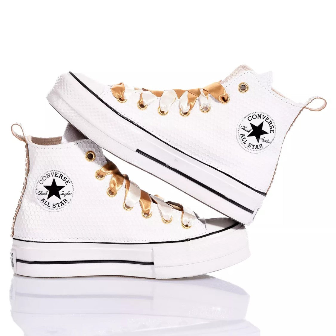 Converse White, Gold Platform Sneakers