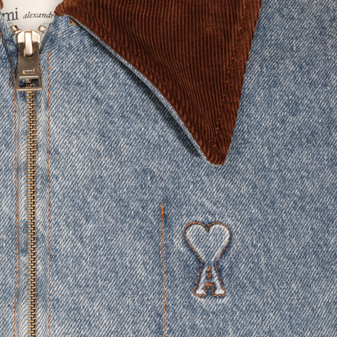Ami Paris Light Blue Denim Jacket With Corduroy Collar