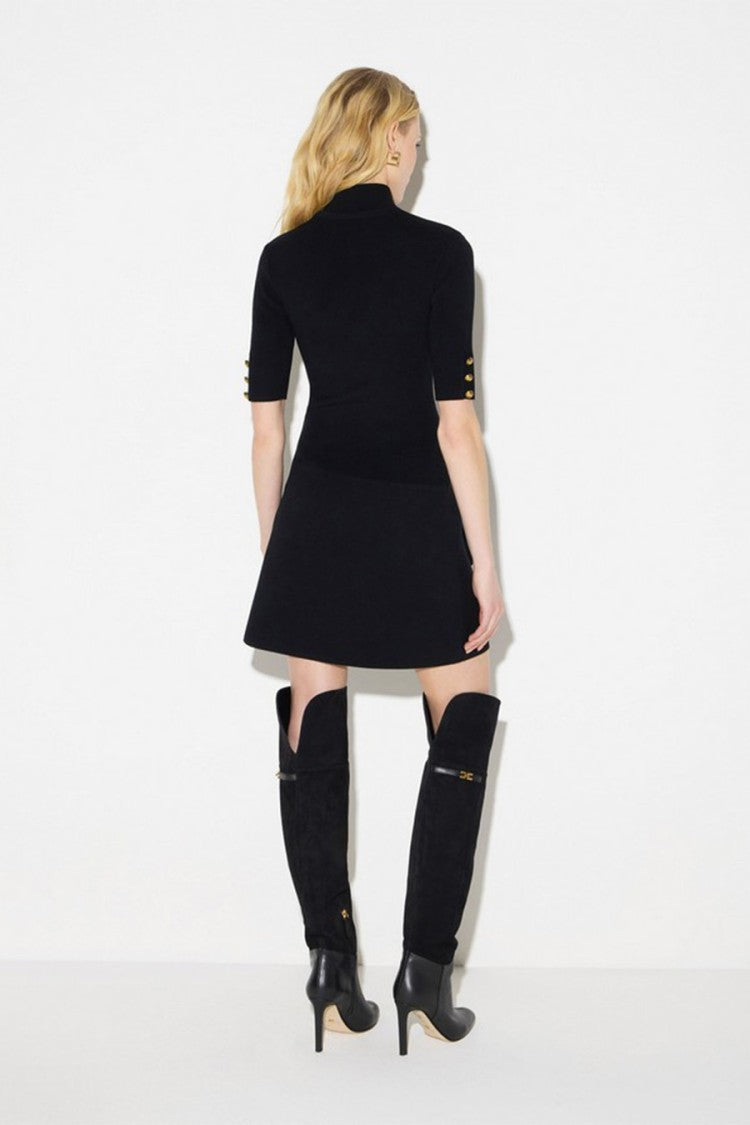 Elisabetta Franchi Black Tie-Neck Ball-Button Flap Pockets Viscose-Blend Mini Dress