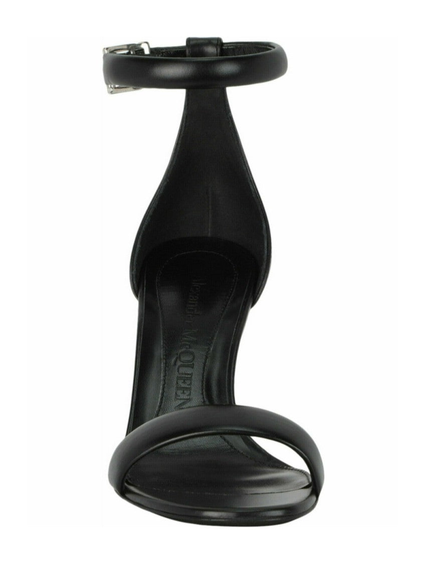 Alexander Mcqueen Curved Heel Black Calfskin Sandals With Ankle Strap