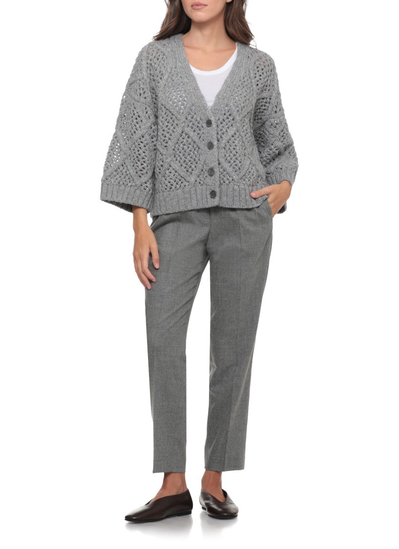 Peserico Perforated Grey Wool Cardigan With Silver Bead Accents
