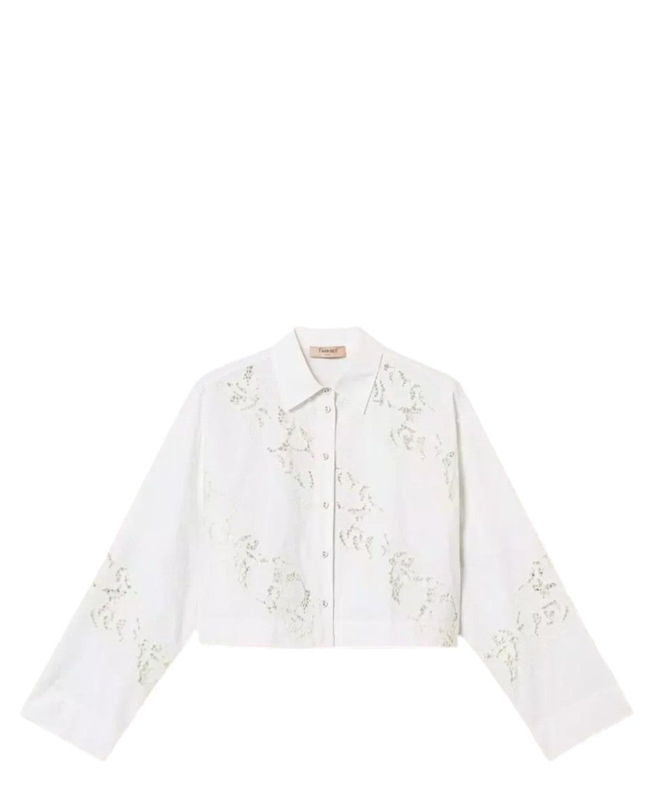 Twin-Set Cropped Long-Sleeve Shirt With Floral Embroidery