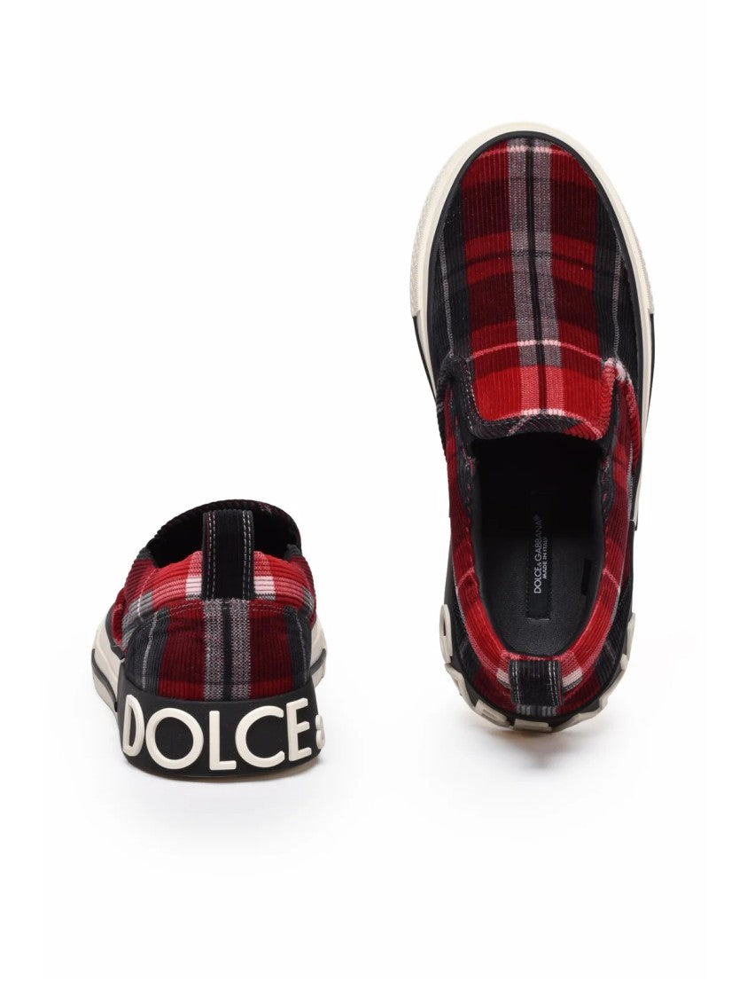 Dolce & Gabbana Red Plaid Upper Velvet Slip-On Sneakers