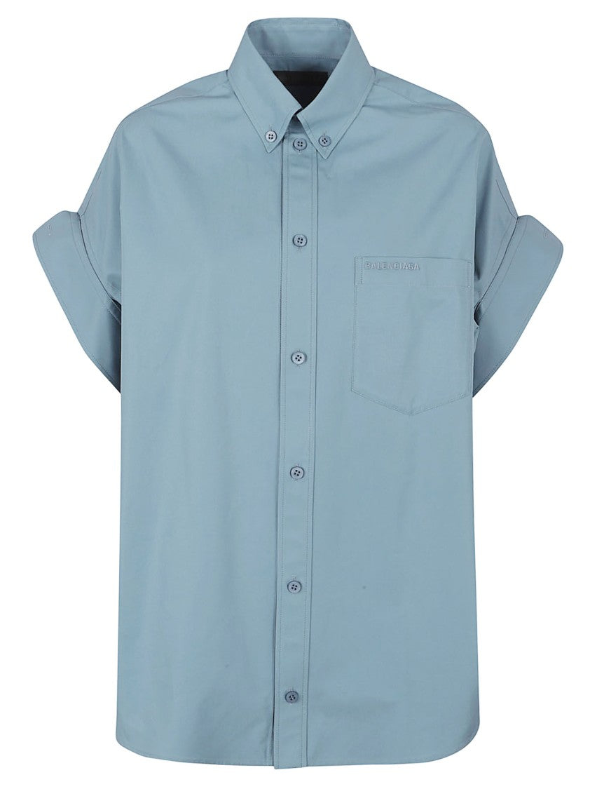 Balenciaga Button-Down Cotton Shirt With Gathered Sleeves And Logo Detail