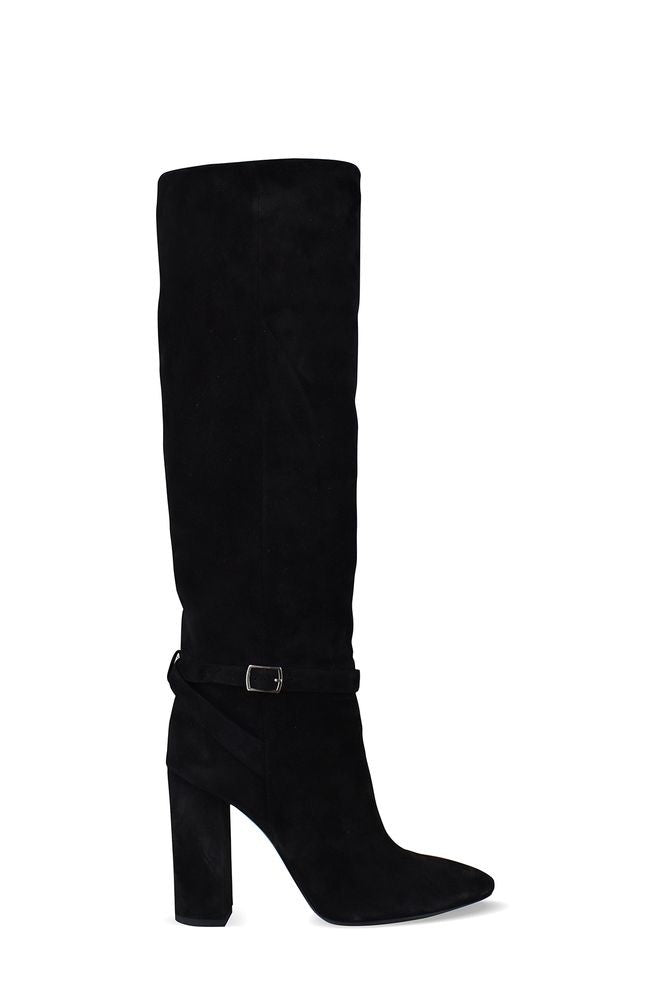 Saint Laurent Black Suede Boots With Ankle Buckle Strap