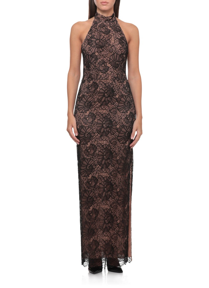 Rotate Intricate Black Lace Long Dress With Halter Neckline
