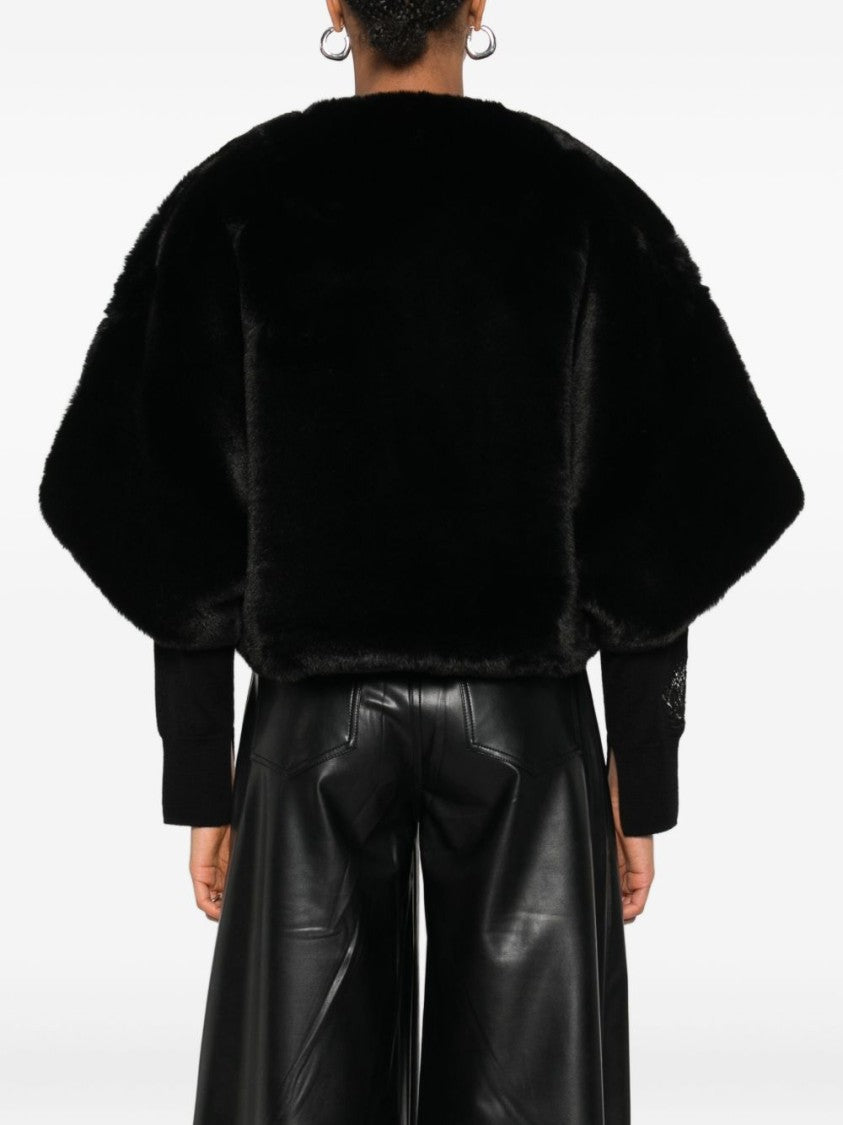 Blugirl Cropped Faux Fur Coat With Jeweled Button