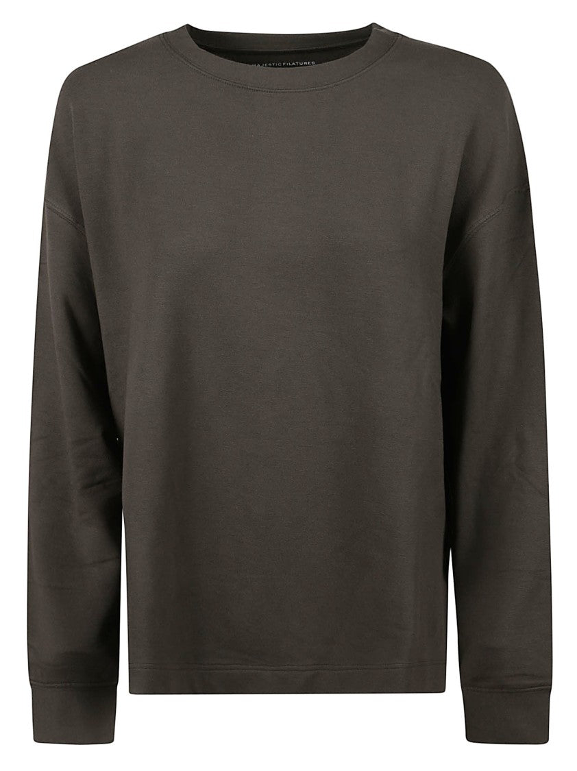 Majestic Filatures Boxy Brown Long-Sleeved Sweatshirt With Side Slits