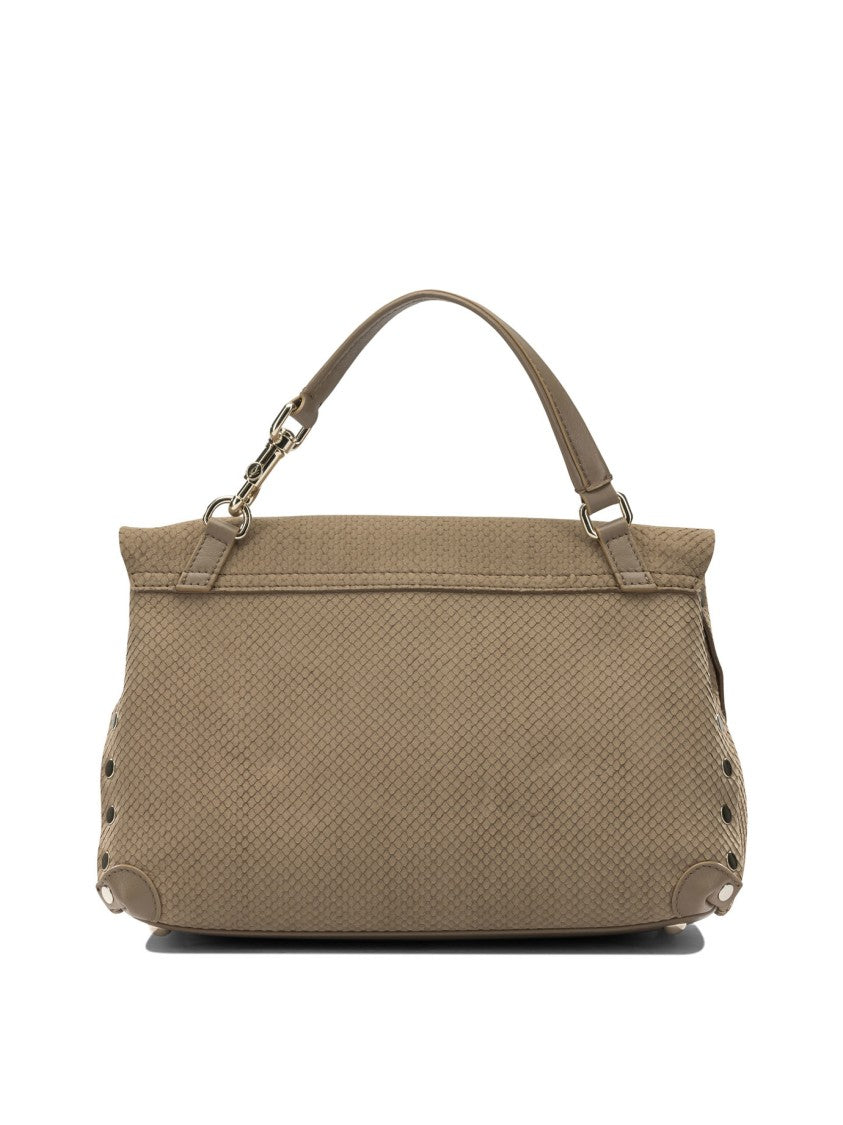 Zanellato Beige Suede Shoulder Bag With Structured Flap And Metallic Accents
