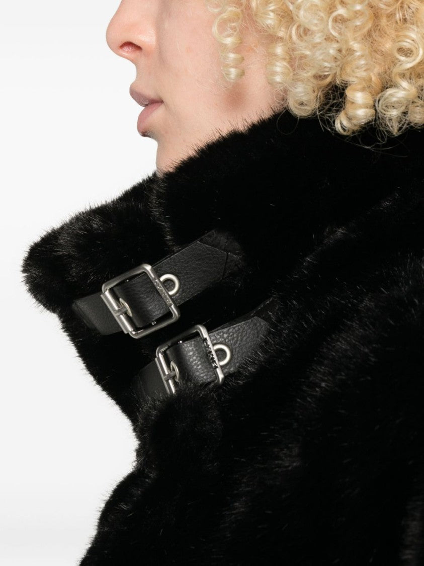 Pinko Oversized Black Faux Fur Coat With High Collar And Unique Buckle Closures